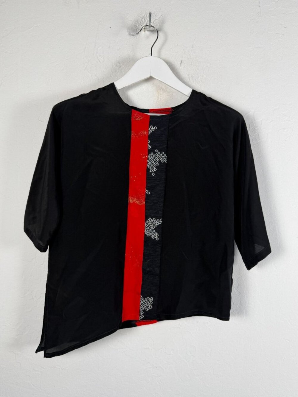 Waka Japan Silk Asymmetrical Blouse Black Red Shibori Geometric Kimono Top Artsy